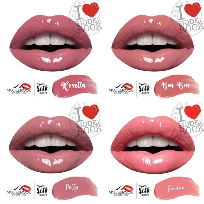 Four lips with pink non-sticky Modelrock lip glosses