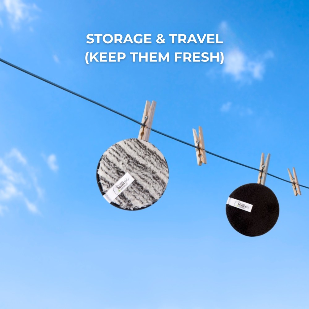 Clean makeup pads drying on the line.