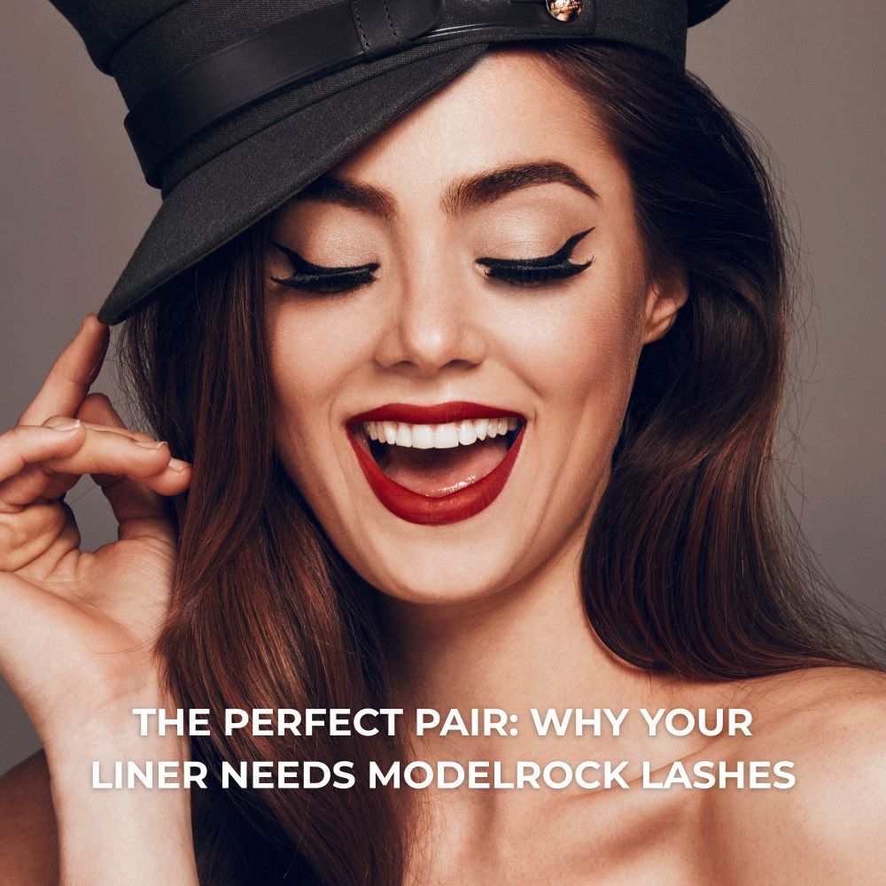 Happy ladies face with makeup on and black hat