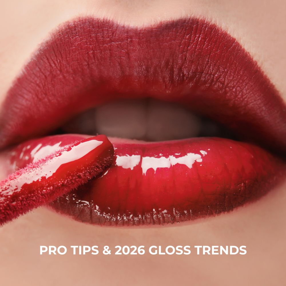 Red lip gloss close up on lips with 2026 gloss trends text