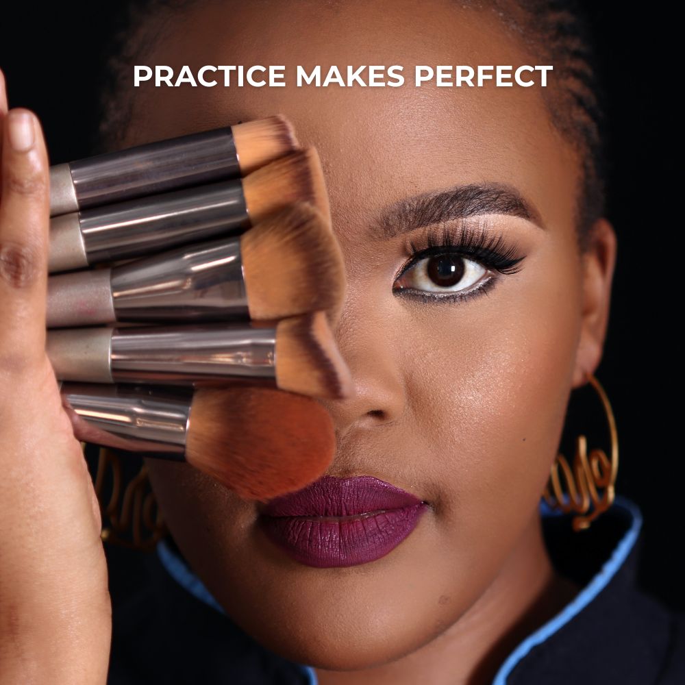 Lady holding makeup tools in front of face