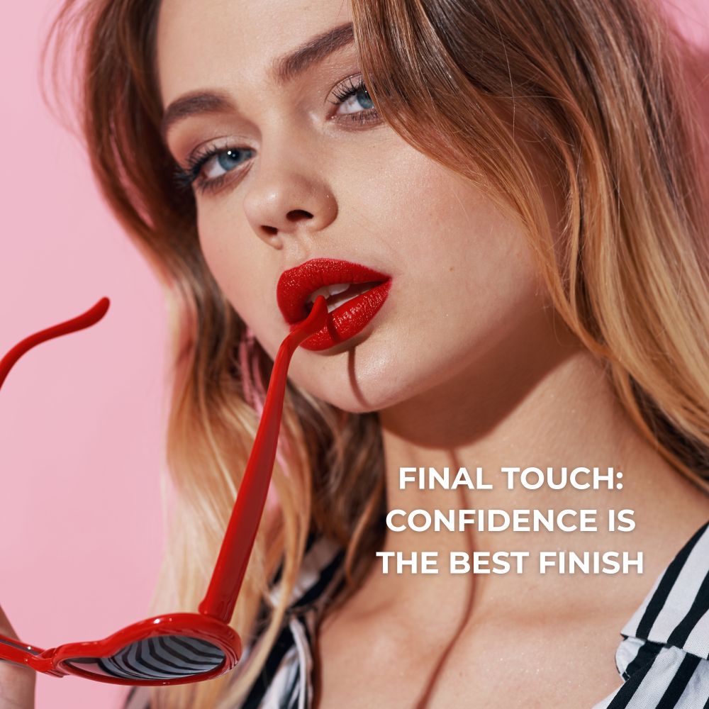 Girl with red lipstick and red glasses