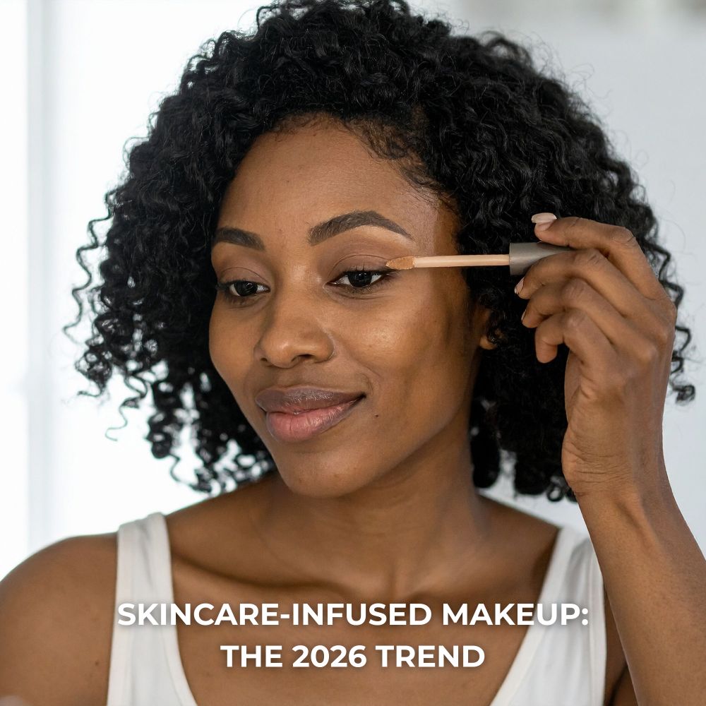 Skincare-infused makeup and skin tint products showing 2026 hybrid beauty trend