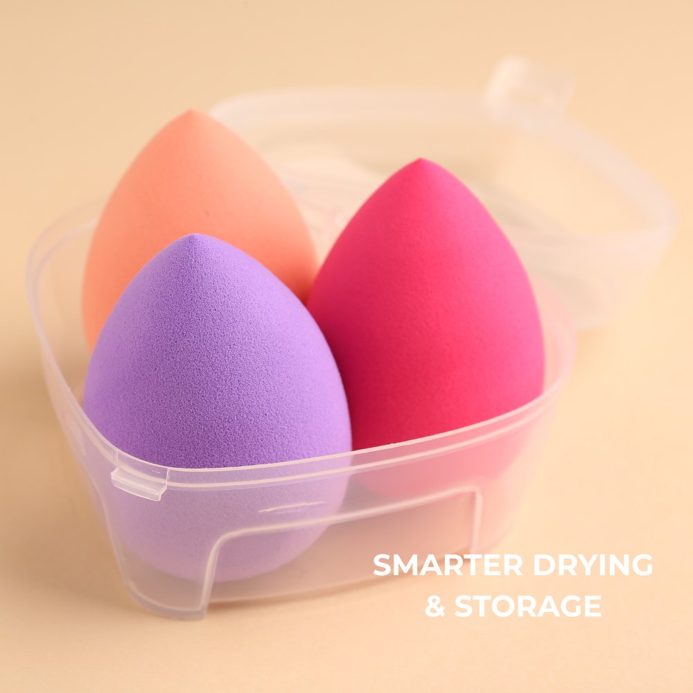 3 makeup sponges in a plastic storage container