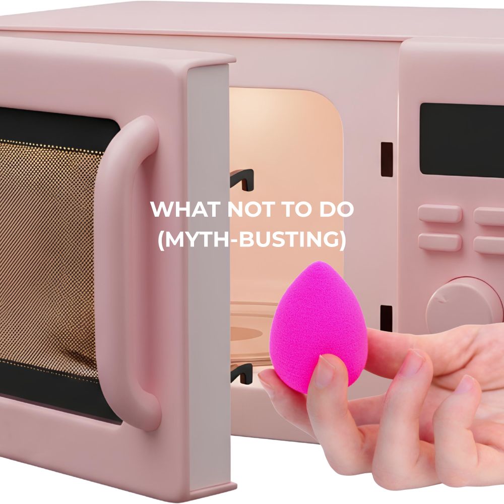 Pink makeup sponge near a microwave
